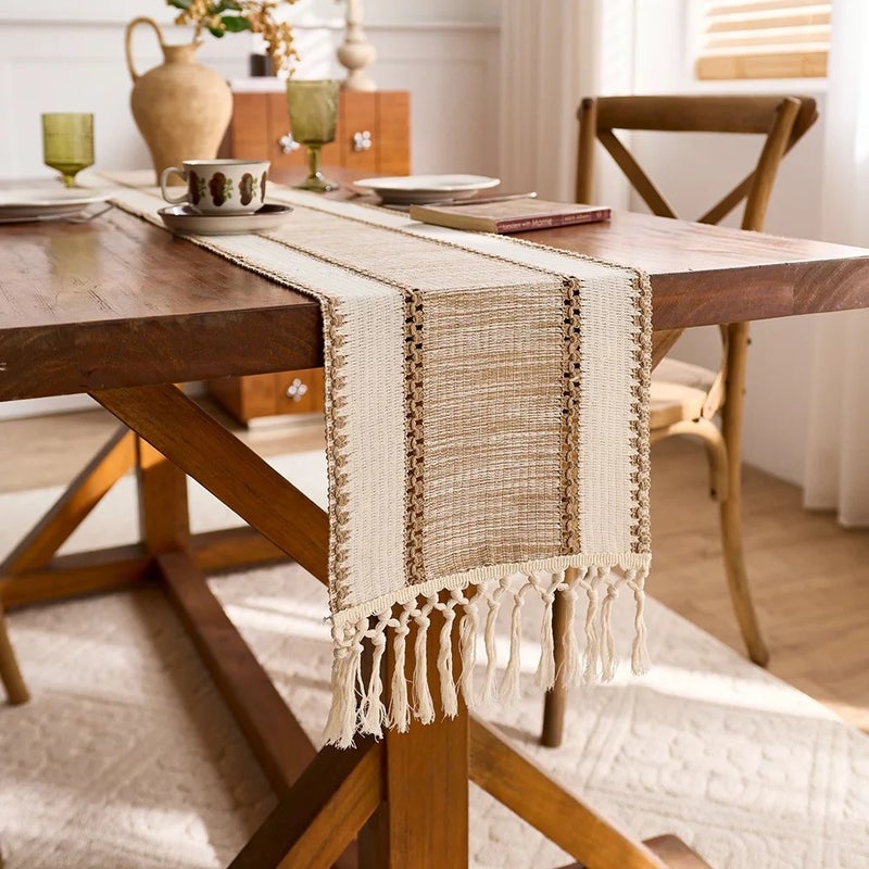 Bluejw Hot Sale Simple American Country Style Party Table Runner Decorative Cotton Dining Table Runner with Tassel - Image 3